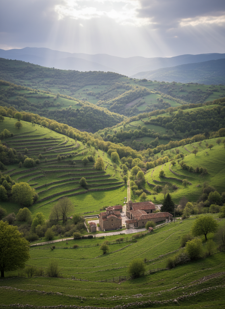 A wide landscape view of the Voio region in Western Macedonia surrounding the Ἁγίασμα, captured in crisp, high-resolution photography. Rolling green hills, scattered oak and beech trees, and fragmented stone terraces descend toward a small, secluded valley where the stone basilica and sacred spring are nestled. The buildings appear as modest, harmonious elements in the landscape, their earthy stone tones blending with the terrain. Late spring light under a partly cloudy sky creates soft, diffused illumination, with occasional sunbeams breaking through and highlighting patches of meadow and the church roof. Shot from a slightly elevated vantage point with deep focus, the composition emphasizes the union of nature, history, and faith, evoking a sense of enduring cultural landscape and tranquil isolation.