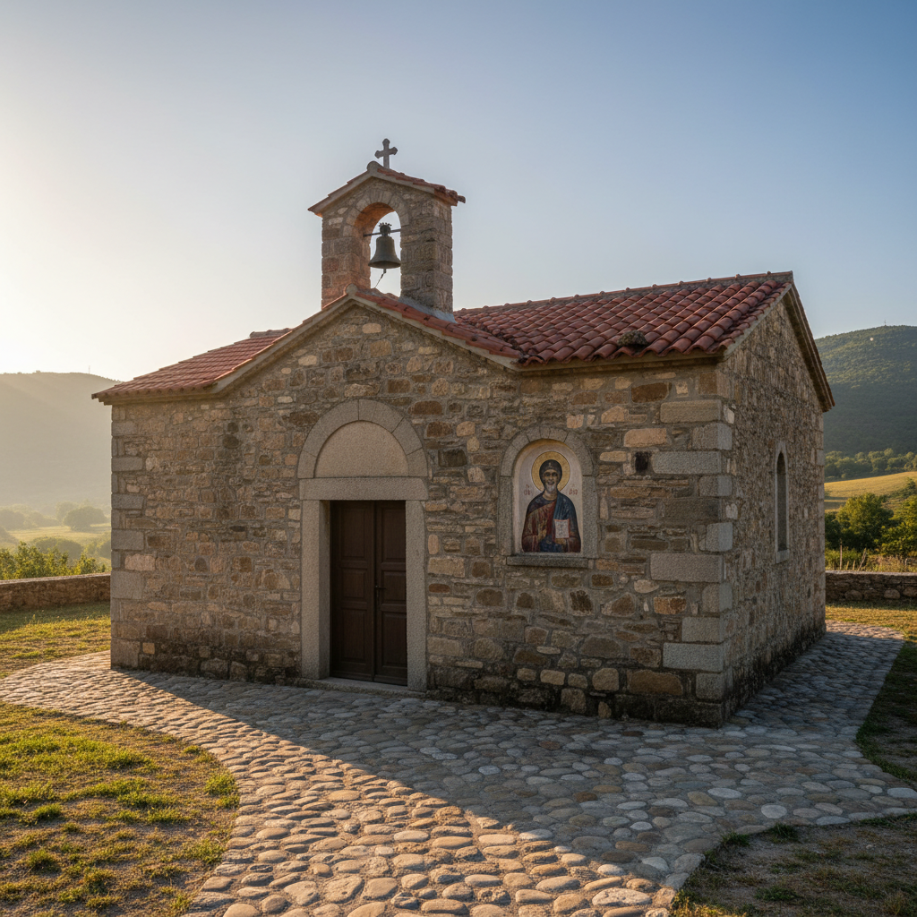 The exterior of a modest stone basilica near the Ἁγίασμα Βοΐου Κοζάνης, captured in detailed photographic style. The church is built from irregular grey and honey-colored stones, with a simple tiled roof and a small bell gable rising above. A narrow cobbled path winds toward a wooden door framed by an understated arch, while a discreet, traditional icon panel of St. Athanasius rests in a shallow niche beside it, its colors gently muted by age. Early morning light washes the façade in a soft, golden glow, casting long shadows that emphasize the stone textures. Composed using the rule of thirds, with distant green hills of Western Macedonia softly out of focus, the mood is reverent, timeless, and quietly sophisticated.