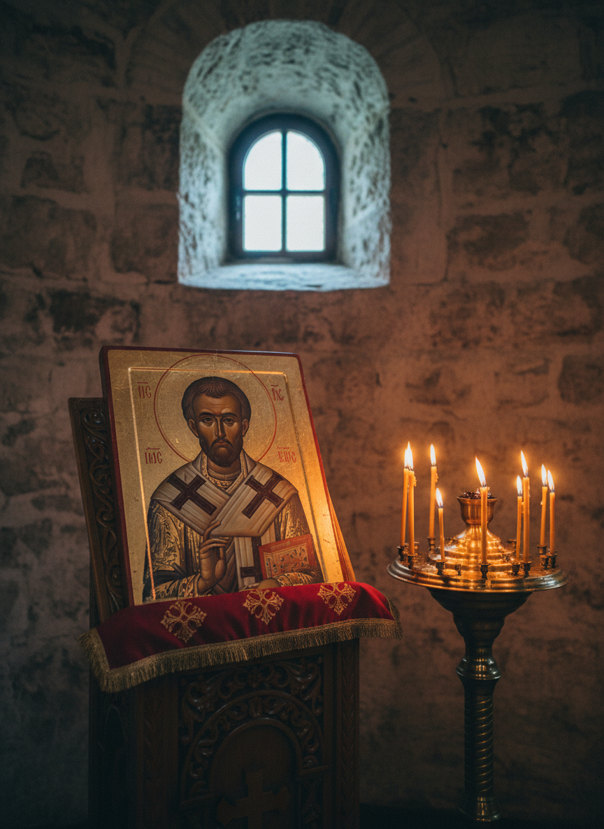 An intimate interior corner of the church near the sacred spring of St. Athanasius, interpreted in photographic realism. A finely painted icon of St. Athanasius, with rich but subdued colors and gold leaf details, stands on a carved wooden analogion draped in deep red fabric with embroidered Orthodox motifs. Beeswax candles in a simple brass stand burn low nearby, their flames casting warm, flickering light that dances across the icon’s surface and worn stone wall behind. The ambient light from a small, high window adds a cool, soft contrast, creating layered shadows. Shot from a slightly elevated angle with shallow depth of field, the composition isolates the icon corner, conveying a quiet, contemplative atmosphere that blends history, devotion, and cultural refinement.