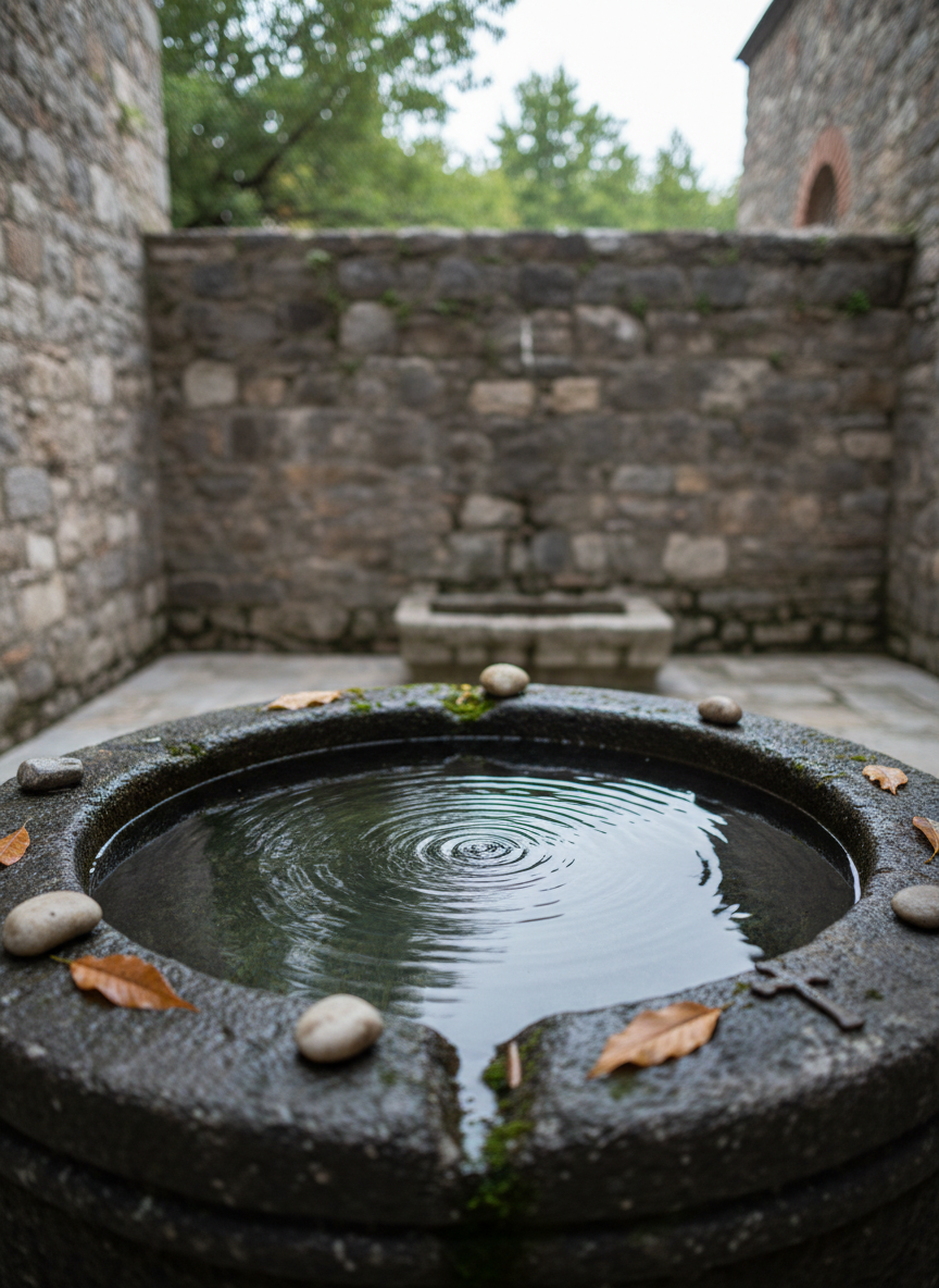 A close-up, atmospheric photograph of the sacred water basin at the Ἁγίασμα Βοΐου Κοζάνης. The focus is on crystal-clear water gently rippling in a shallow stone basin, its interior smoothed and darkened by centuries of use. Tiny reflections of surrounding stone architecture and distant trees shimmer on the surface. Small offerings like simple stones, fallen leaves, and a discreet metal cross rest at the basin’s edge, suggesting quiet veneration without showing any people. Soft overcast light from an open courtyard above creates a gentle, even illumination, accentuating textures of wet stone and lichen. The camera is positioned close and low, with a shallow depth of field that blurs the background stone wall and hints of the basilica, cultivating a meditative, sacred ambiance.